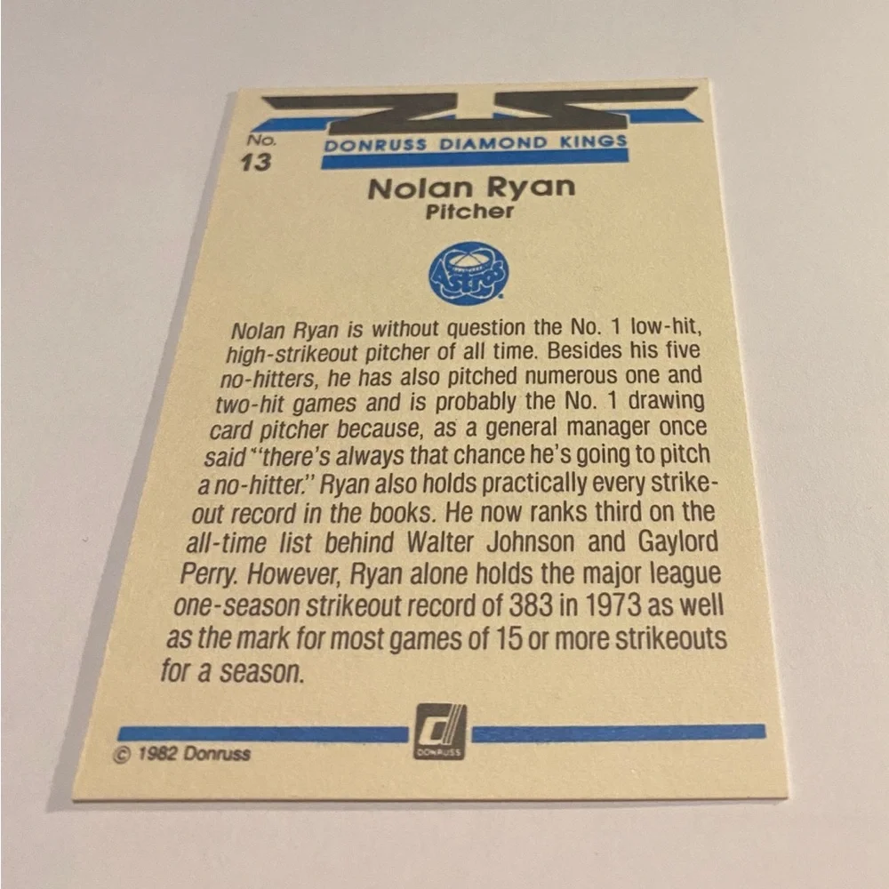 Nolan Ryan 1982 Donruss Diamond Kings Baseball Card #13 Vintage Collectible